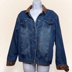 L Crazy Train Denim Jacket Tooled Leather Print Trim Western